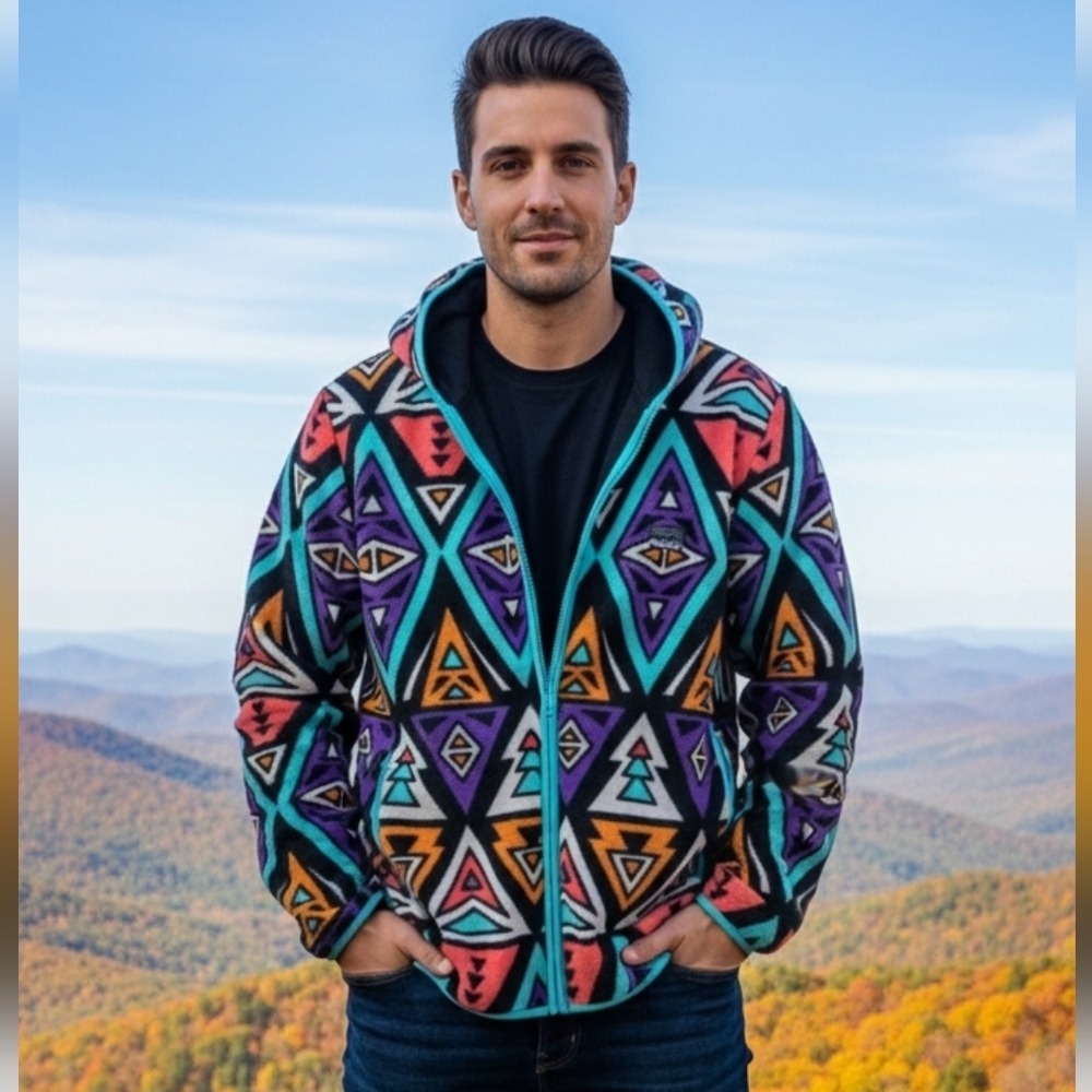 Free Nature Men’s Geometric Fleece Full-Zip Hoodie Aztec Tribal Print Size Large